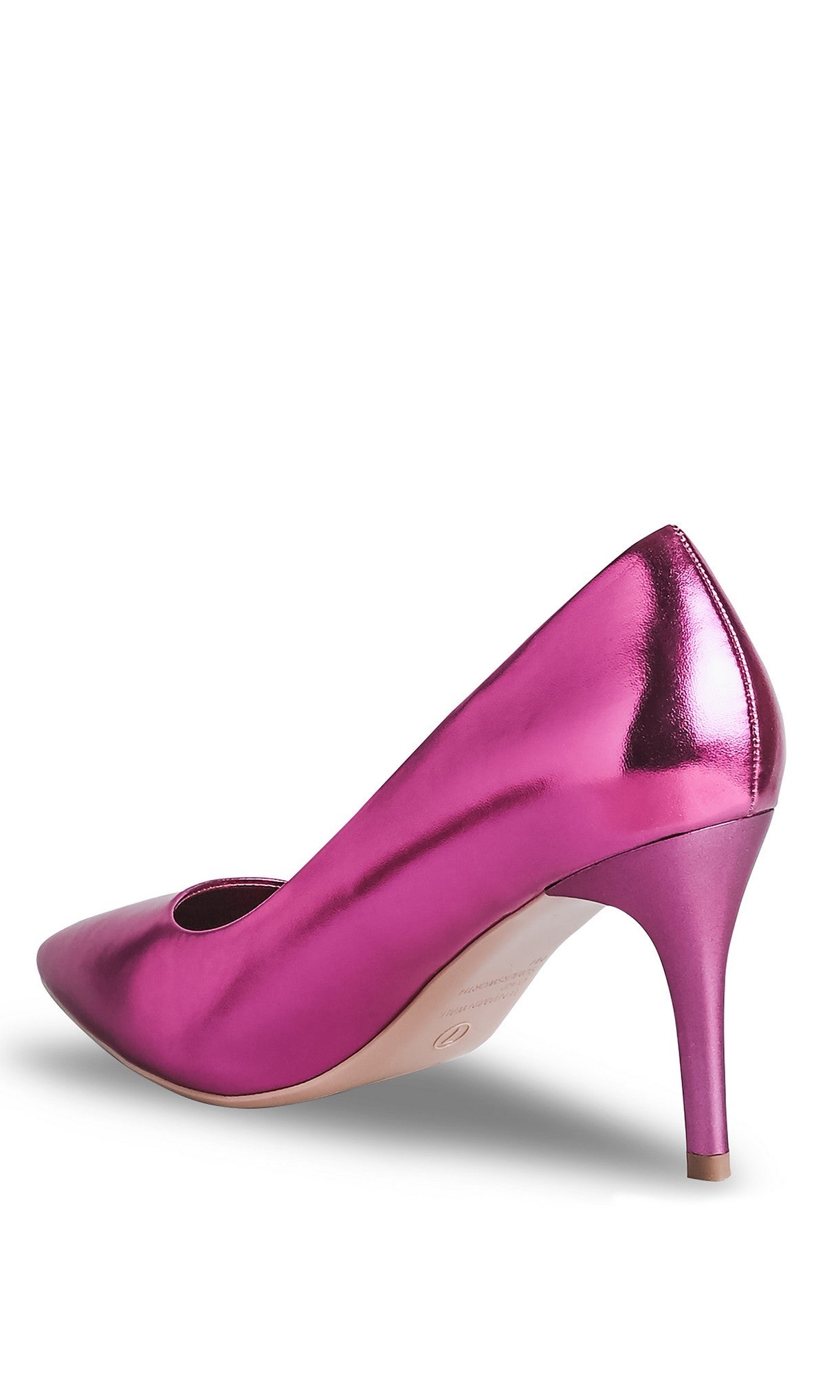 The Tia Neon Pink Prom Shoes (Touch Ups 4752) feature a single metallic fuchsia pointy-toe design with a sleek 3-inch heel, shown against a white background—ideal for anyone seeking stylish neon pink prom shoes.
